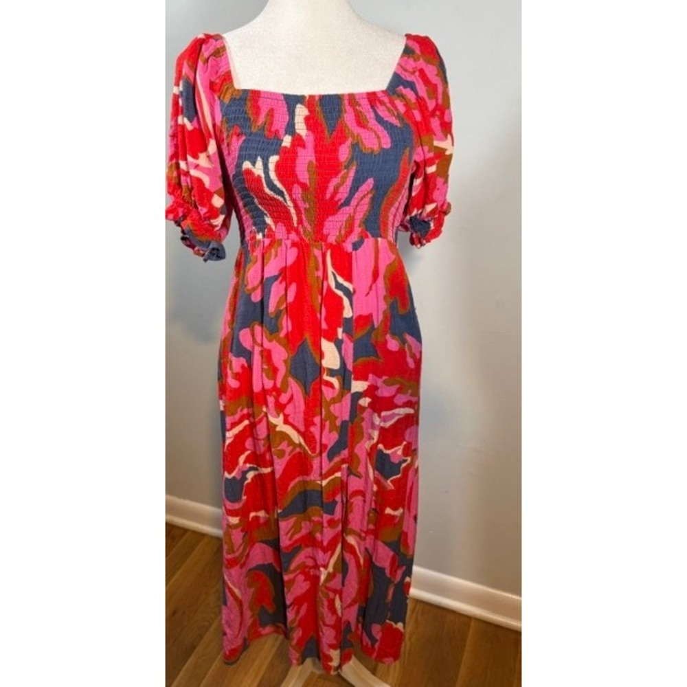 Mister Zimi Smocked Puff Sleeve Abstract Print Midi Dress AU 8 US 4 Pink Red